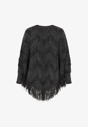 Musthave musta frillidega sviiter, mis on valmistatud tekstuurilisest kangast, omab lõdva lõiget ja pikki varrukaid, ümara äärisega, luues kihilise silueti.