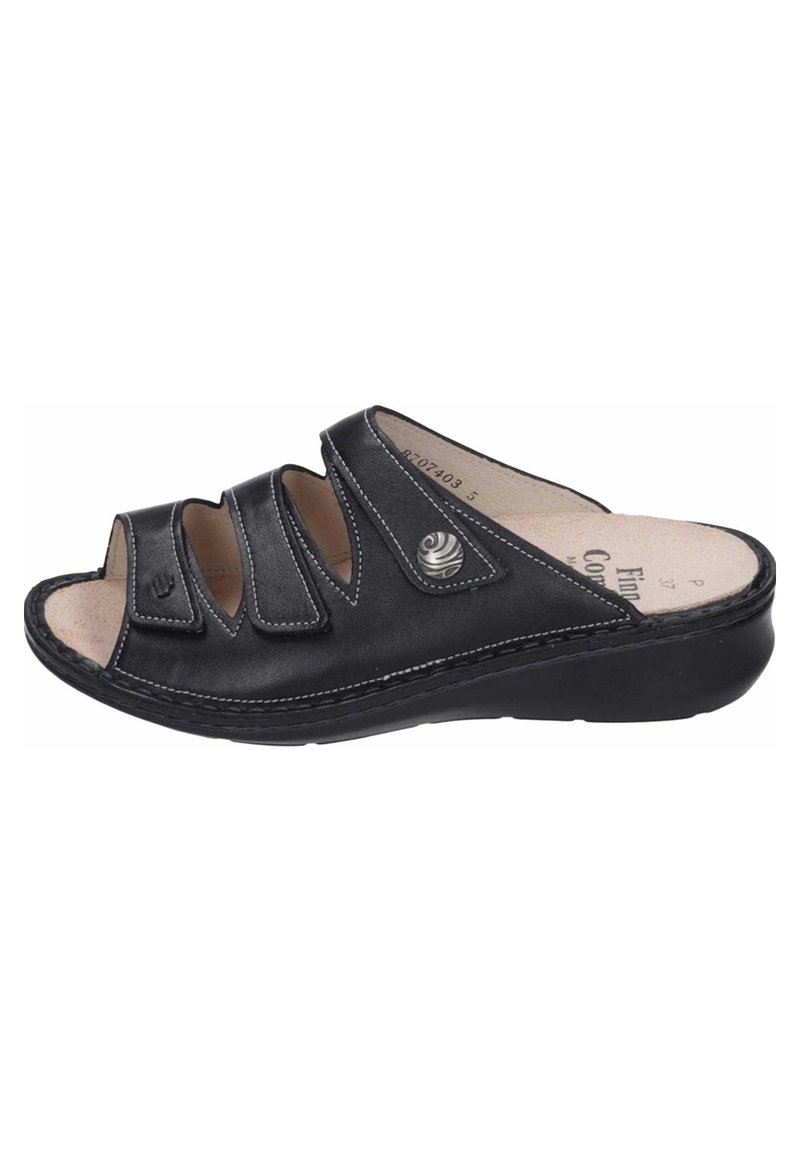 Black leather slide sandal with three wide straps, open toe, cushioned insole, and a slight wedge heel. Decorative silver logo on the side.