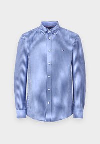 Chemise à carreaux bleus et blancs à manches longues avec boutons, col boutonné et petit logo sur la poitrine gauche.