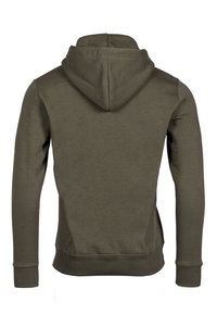 Olivgrüner Hoodie mit einer Kordelzugkapuze, langen Ärmeln und gerippten Bündchen. Glattes Baumwollmaterial mit subtiler Textur.