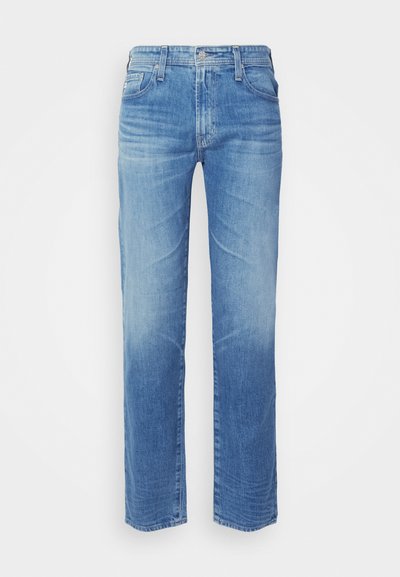 Light blue denim jeans with a straight-leg cut, featuring a classic five-pocket design, subtle fading, and a standard waistband with a button closure.