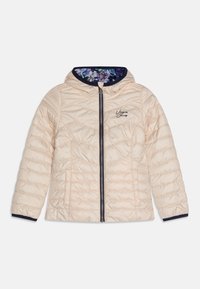 Giacca a piumino cremoso con cappuccio e bordi blu navy, zip anteriore, fodera interna floreale e logo "Uggamy Jeans" sul petto.