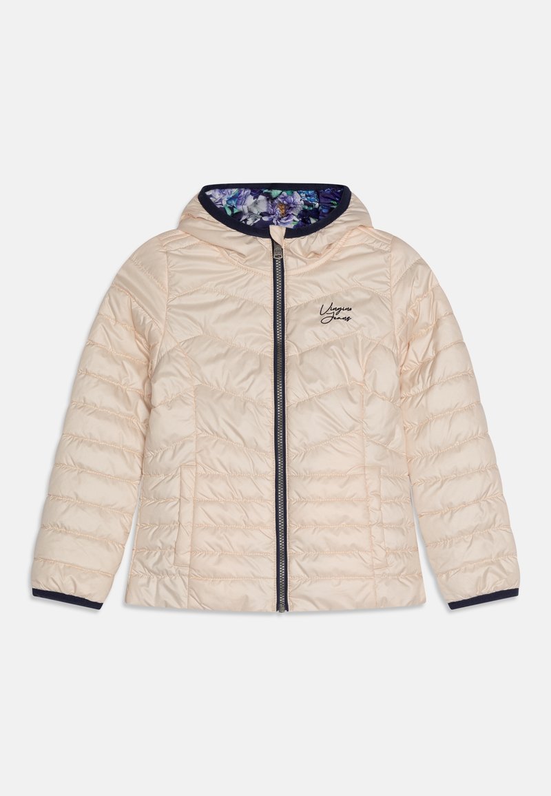 Krämfärgad vadderad jacka med huva och marinblå detaljer, framfickor med dragkedja, blommig innerfoder och "Uggamy Jeans"-logotyp på bröstet.