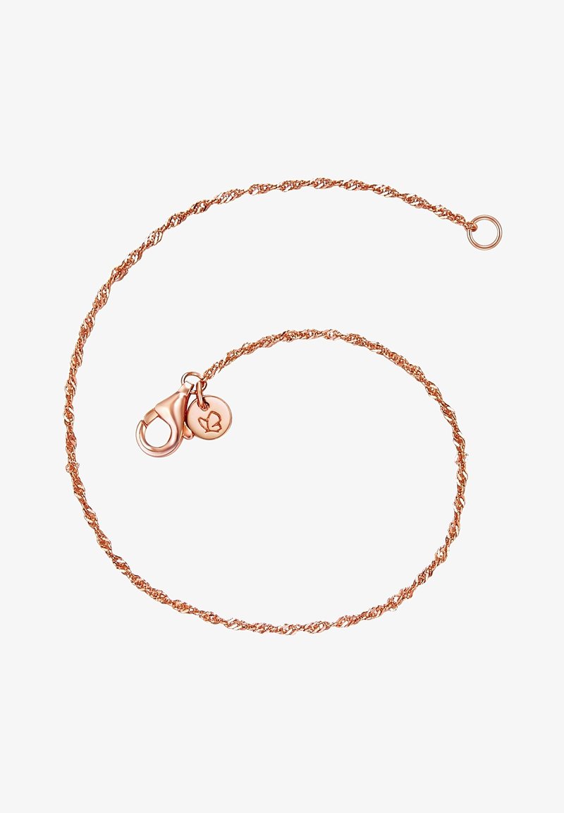 Rožių aukso susuktas grandinėlės apyrankė su omarų užsegimu ir maža disko pakabuku, kuris turi lapo dizainą. Lygus paviršius, lengvas ir lankstus.