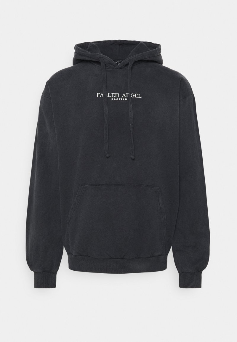 Black hoodie made of soft fabric, featuring a kangaroo pocket, drawstring hood, and front text: "FALLEN ANGEL KAOTIKO."