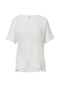 Witte katoenen T-shirt met een ronde halslijn, korte mouwen en een licht gebogen zoom. Bevat een klein logo detail aan de zijkant.