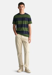 Kortermet stripet t-skjorte i grønn og marineblå, laget av bomull. Kombinert med beige bukser og lyse joggesko, stående posisjon.