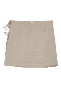 Gonna avvolgente in lino beige con lacci sul lato sinistro, caratterizzata da una texture liscia e un design semplice senza motivi o accessori visibili.