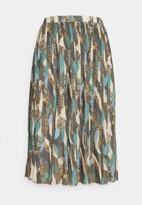 Jupe midi plissée avec une taille élastique, présentant un mélange de motifs abstraits en teal, beige, noir et or sur un fond crème.
