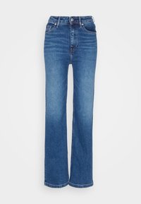 Jeans de denim azules de cintura alta con corte recto, que cuentan con cinco bolsillos, cremallera y un lavado deslavado con una textura suave.