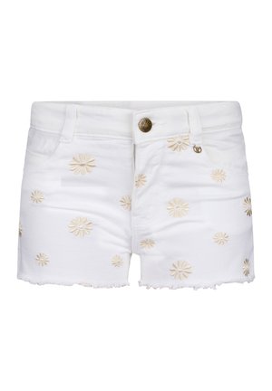 Białe szorty z denimu z haftowanymi beżowymi stokrotkami, przednimi kieszeniami, zapięciem na guziki, szlufkami na pasek i postrzępionym dołem.