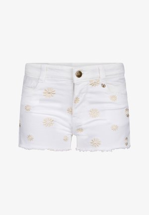 Białe szorty z denimu z haftowanymi beżowymi stokrotkami, przednimi kieszeniami, zapięciem na guziki, szlufkami na pasek i postrzępionym dołem.