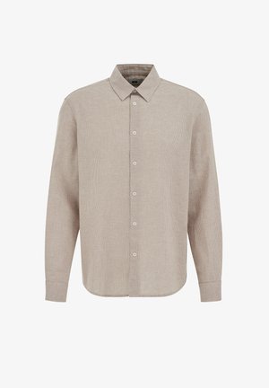 Bež dolgo rokavna srajca z majhnim karo vzorcem, klasičnim ovratnikom in zapognjenimi zapestji z gumbi, prikazana na belem ozadju.