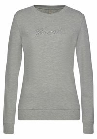 Harmaa pitkähihaine sweatshirt, joka on valmistettu pehmeästä kankaasta, jossa on pyöreä kaula-aukko ja kirjailtu "Bench"-logo rinnassa.