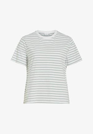 Striped t-shirt in white with light green horizontal stripes. Crew neck, short sleeves, and made of soft cotton material with a relaxed fit.