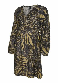 Robe portefeuille dans un motif abstrait marron et olive. Présente des manches longues, un décolleté en V et une taille cintrée avec des liens. Tissu texturé.