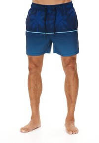 Shorts de bain pour hommes arborant un schéma de couleurs bleu, un motif de palmier et un design à rayures horizontales. Taille élastique avec cordon de serrage.