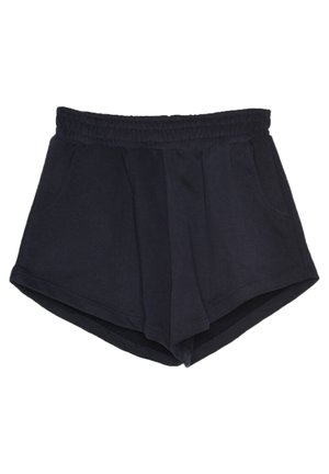 Schwarze elastische Freizeithose mit Seitentaschen und einem leicht geschwungenen Saum, geeignet für warmes Wetter oder sportliche Aktivitäten.