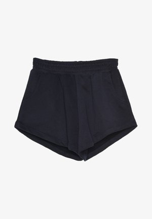 Zwarte casual short met elastische taille, zijzakken en een licht gebogen zoom, geschikt voor warm weer of sportactiviteiten.