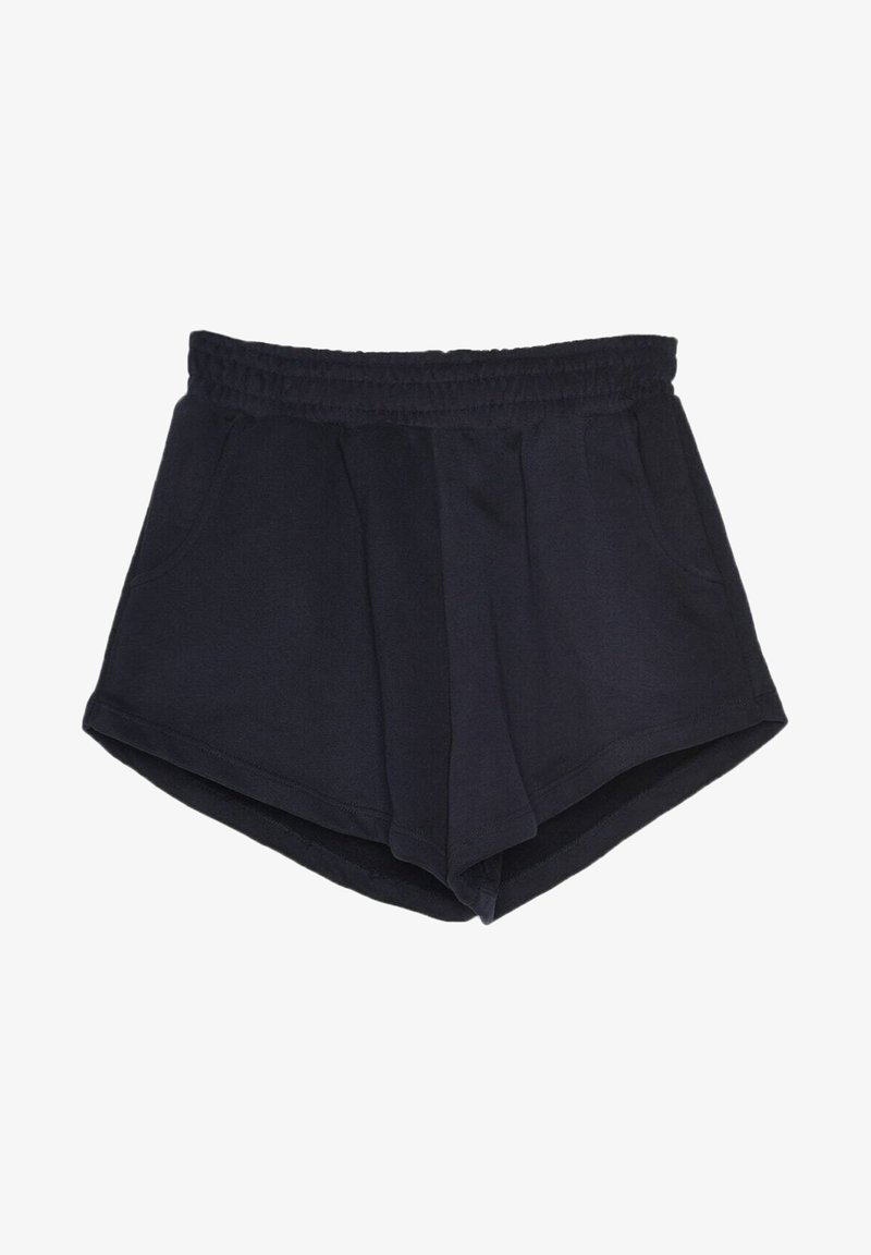 Shorts décontractés noirs à taille élastique avec poches latérales et ourlet légèrement courbé, adaptés aux temps chauds ou aux activités sportives.