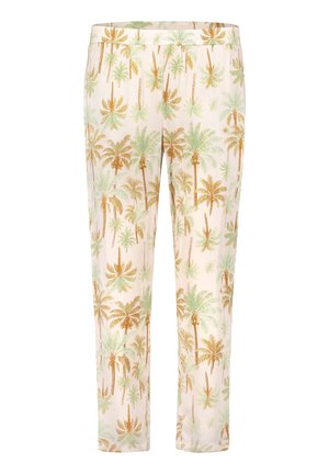 Lyse cremefarvede bukser med et ensartet mønster af grønne og brune palmetræer, med elastik i taljen og lige ben.