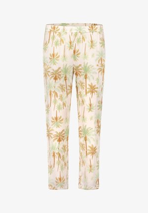 Lyse cremefarvede bukser med et ensartet mønster af grønne og brune palmetræer, med elastik i taljen og lige ben.