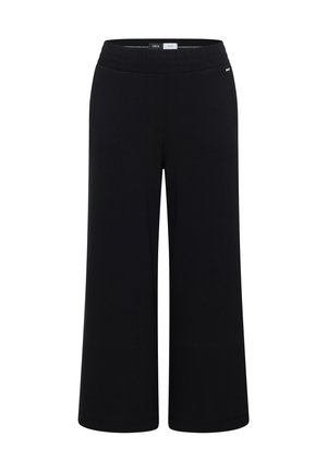 Sorte bukser med brede ben, elastik i taljen og et lille metal-logo på højre hofte, ensfarvet design uden synlige lommer.
