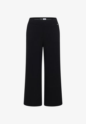 Zwarte broek met wijde pijpen, elastische tailleband en klein metalen logo op de rechterheup, eenvoudig ontwerp zonder zichtbare zakken.