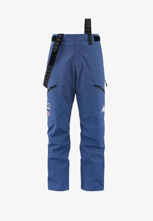 Pantaloni da neve impermeabili blu con bretelle regolabili, tasche frontali con cerniera e una toppa con logo sulla gamba sinistra. Texture liscia e design ergonomico.