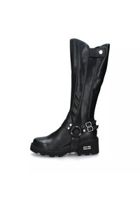 Stivali neri al ginocchio in pelle con punta tondeggiante, suola chunky e due fasce con regolazione sull'ankle. Dettagli in metallo argentato.