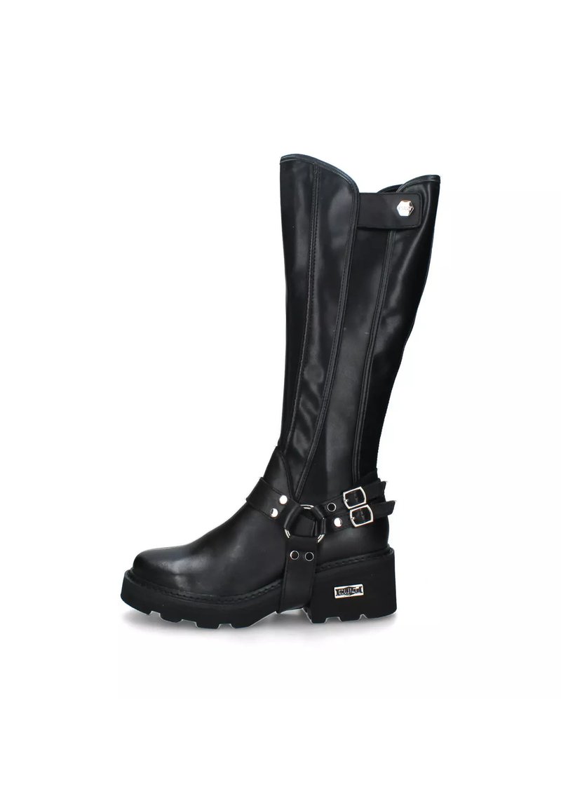 Stivali neri al ginocchio in pelle con punta tondeggiante, suola chunky e due fasce con regolazione sull'ankle. Dettagli in metallo argentato.