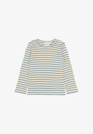 Majica s dolgimi rokavi v krem barvi z svetlo modrimi vodoravnimi črtami, z ribasto teksturo, okroglo izrezano ovratnico in zadrgo na levi rami.