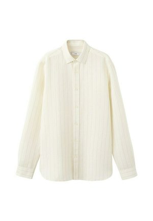 Camicia crema a maniche lunghe con sottili strisce verticali, chiusura frontale con bottoni e colletto classico, mostrata su sfondo bianco.