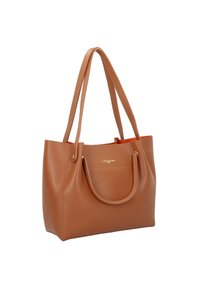 Sac en cuir tan avec double anse, texture lisse, forme rectangulaire et détails en métal doré. Intérieur orange.