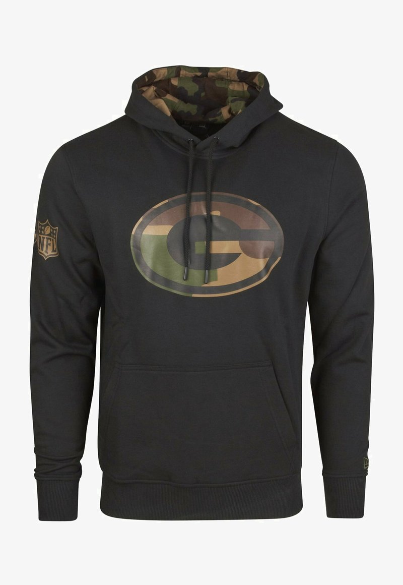 Sweatshirt à capuche noir avec un intérieur en camouflage, arborant un grand logo 'G' en camouflage sur le devant et un logo NFL sur la manche.