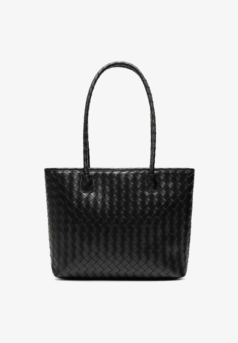 Borsa a tracolla in pelle intrecciata nera con due manici resistenti, forma rettangolare, motivo texturizzato e finitura liscia. Adatta per un uso quotidiano.