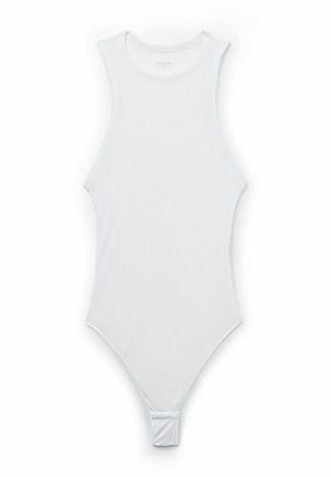 Weißer, gerippter Bodysuit mit hohem Kragen und ärmellosem Design. Verfügt über einen Druckknopfverschluss am unteren Ende und hat eine figurbetonte Silhouette.