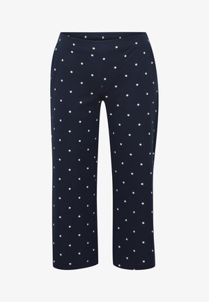 Navy stretch pants with white polka dots, elastic waistband, cropped length, made of soft fabric. Features a smooth texture and a fitted design.