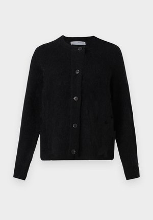 Cardigan negru din țesătură texturată, cu guler rotund, închidere cu butoane frontale și mâneci lungi. Butoane din lemn distinctive.