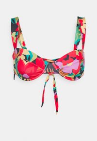 Viacfarebný bikiny top so skúšanými kvetinovými vzormi, vypchávkovými pohárikmi, širokými ramienkami a viazaním vpredu. Vyrobený z hladkej tkaniny.