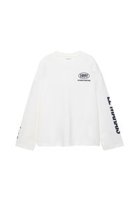 Weißes Langarm-T-Shirt aus Baumwolle mit rundem Ausschnitt, Frontlogo und navyblauem Schriftzug entlang des linken Ärmels.