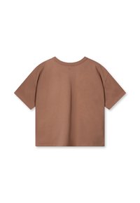 T-shirt in cotone marrone con maniche corte, scollatura rotonda e vestibilità rilassata. Texture liscia e colore uniforme senza motivi o decorazioni.