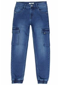 Denim-Cargohosen in Mittelblau mit mehreren Seitentaschen, elastischen Bündchen und Standardgürtelschlaufen. Glatte Textur mit leichter Ausbleichung.