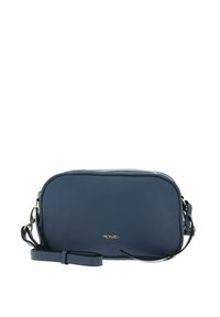 Blue leather crossbody bag with a rounded rectangular shape, zip closure, and adjustable strap. Features a gold logo on the front.