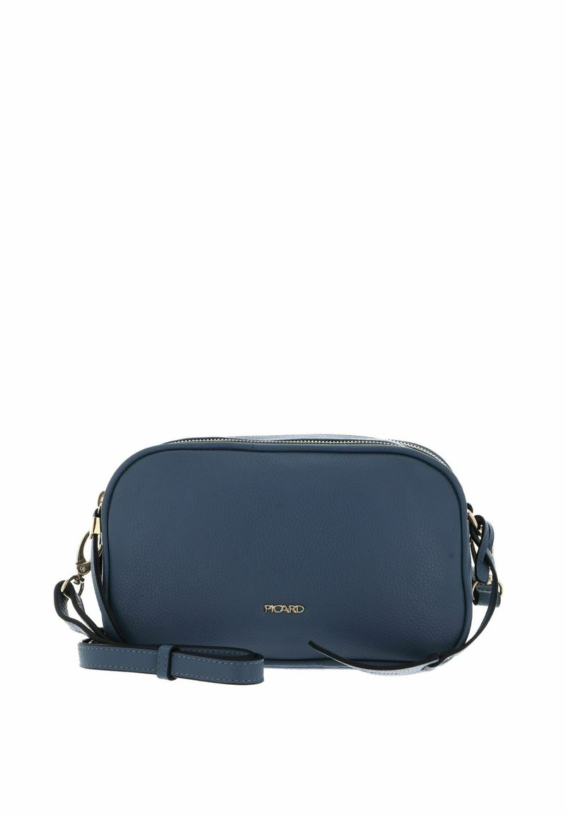 Blue leather crossbody bag with a rounded rectangular shape, zip closure, and adjustable strap. Features a gold logo on the front.
