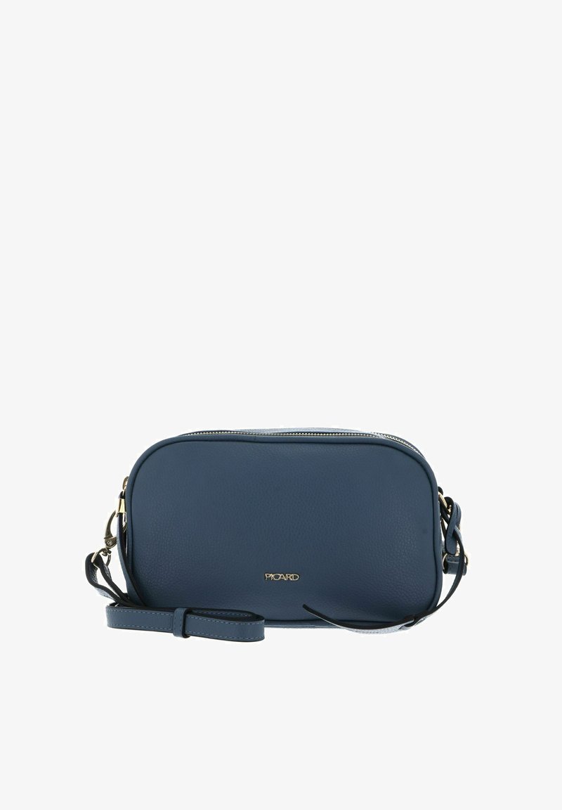 Blue leather crossbody bag with a rounded rectangular shape, zip closure, and adjustable strap. Features a gold logo on the front.