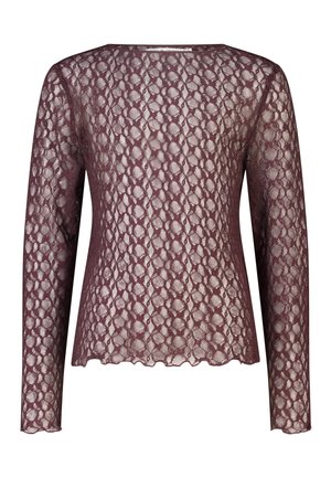 Long-sleeve, sheer mauve lace top with circular floral pattern, straight hem, and round neckline, shown on a white background.