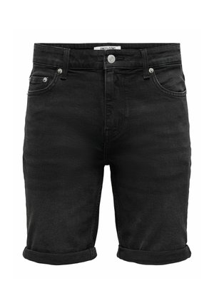 Short en denim noir avec ourlets roulés, bouton et fermeture éclair à l'avant, passants de ceinture et design cinq poches.