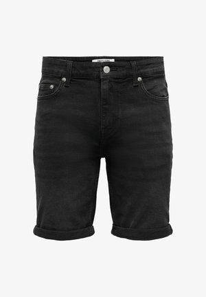 Pantaloni scurți din denim negru cu tivuri rulotate, nasture și fermoar frontal, bucle pentru curea și design cu cinci buzunare.