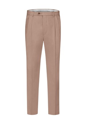 Beige maßgeschneiderte Hose mit flachem Front, zwei Seitentaschen und einem Knopfverschluss. Glattes Gewebe mit weicher Textur. Reguläre Passform.